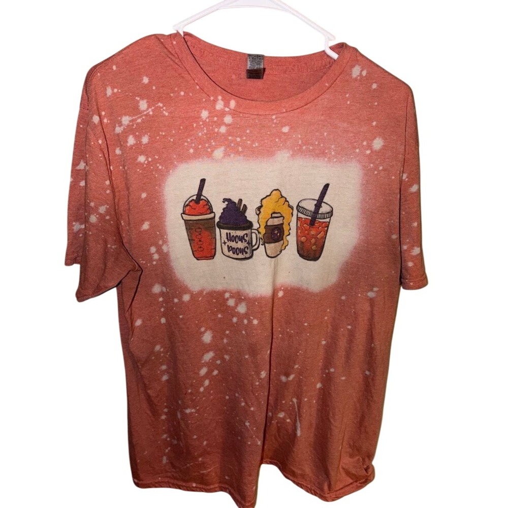 Gildan Softstyle Hocus Pocus Bleached Graphic Tee Orange Halloween Coffee Large